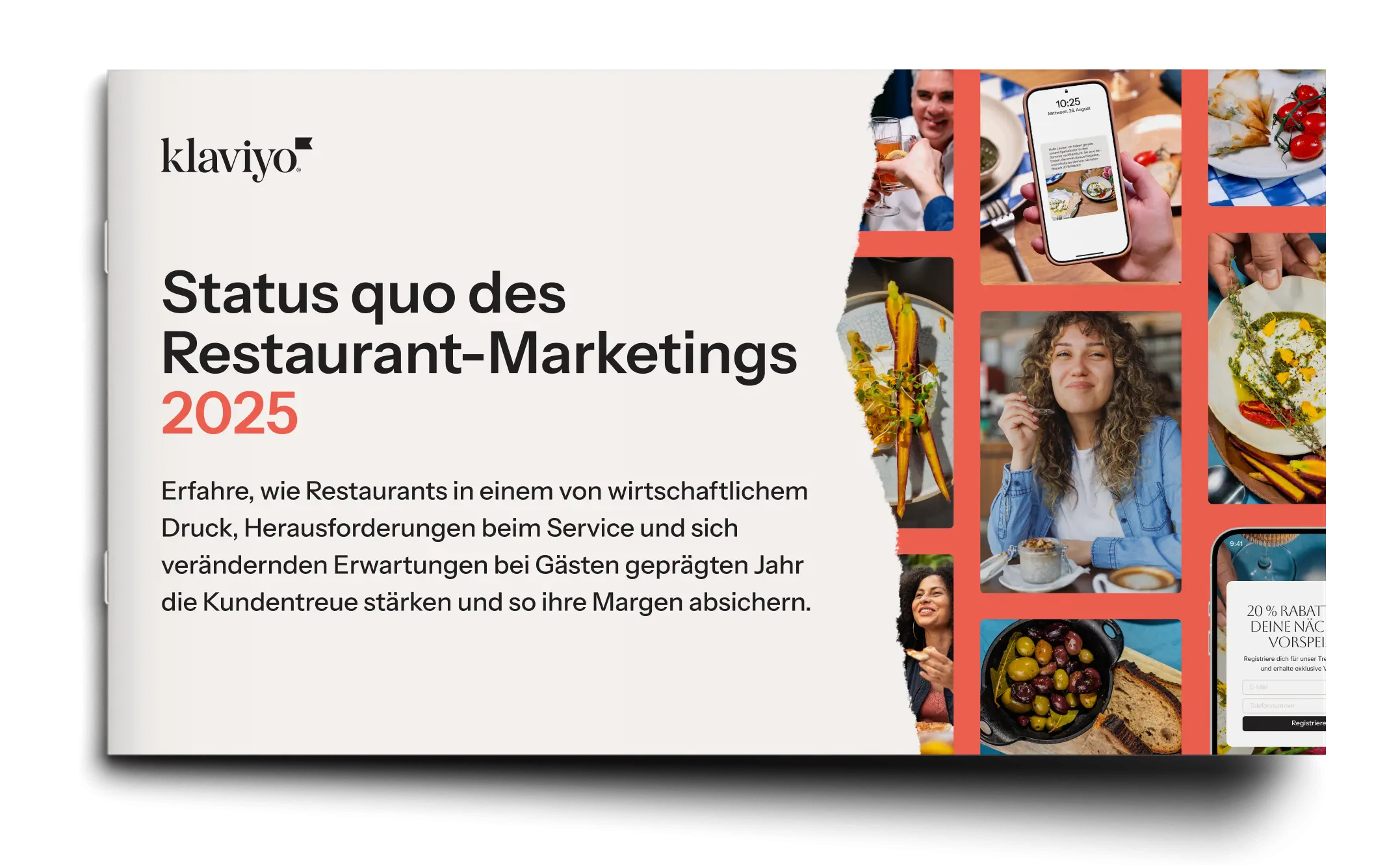 Klaviyo-Banner mit dem Titel "Status quo des Restaurant-Marketings 2025" und Bildern von Speisen, Getränken und einer lächelnden Frau.