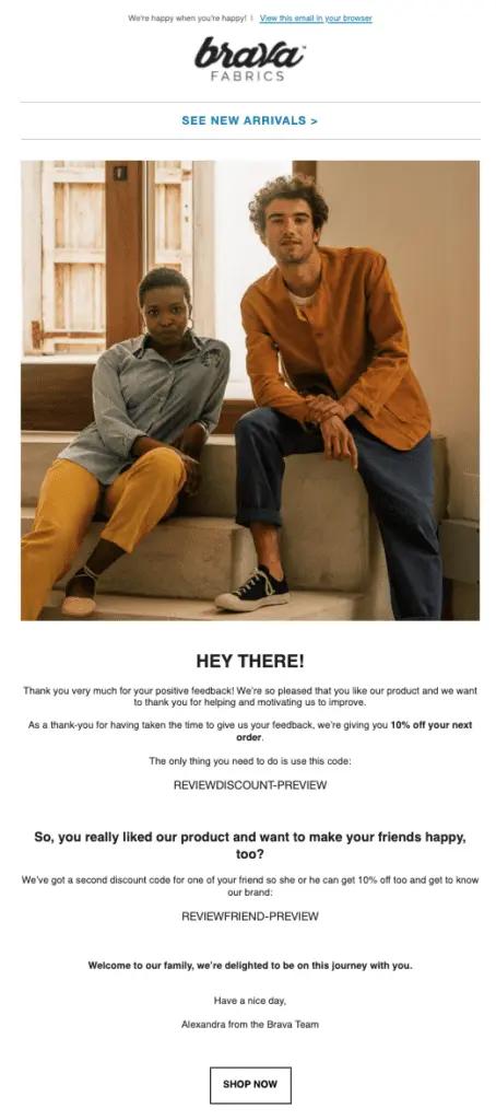 Apparel brand Brava Fabrics email to customers who leave a positive review with a VIP referral offer.