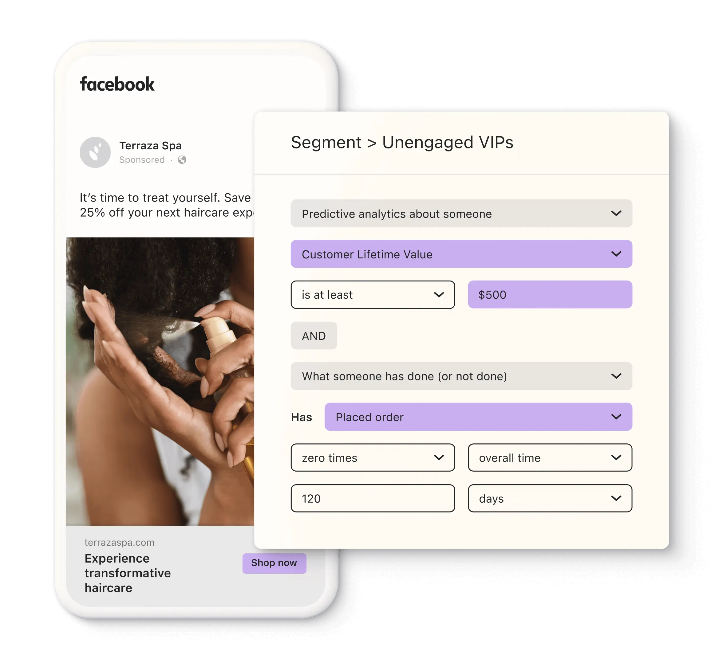 Image illustrant la création d’un segment basé sur la valeur vie client prévue à l’aide des analyses prédictives de Klaviyo, avec à gauche, un smartphone affichant une publicité Facebook ciblant le segment en question