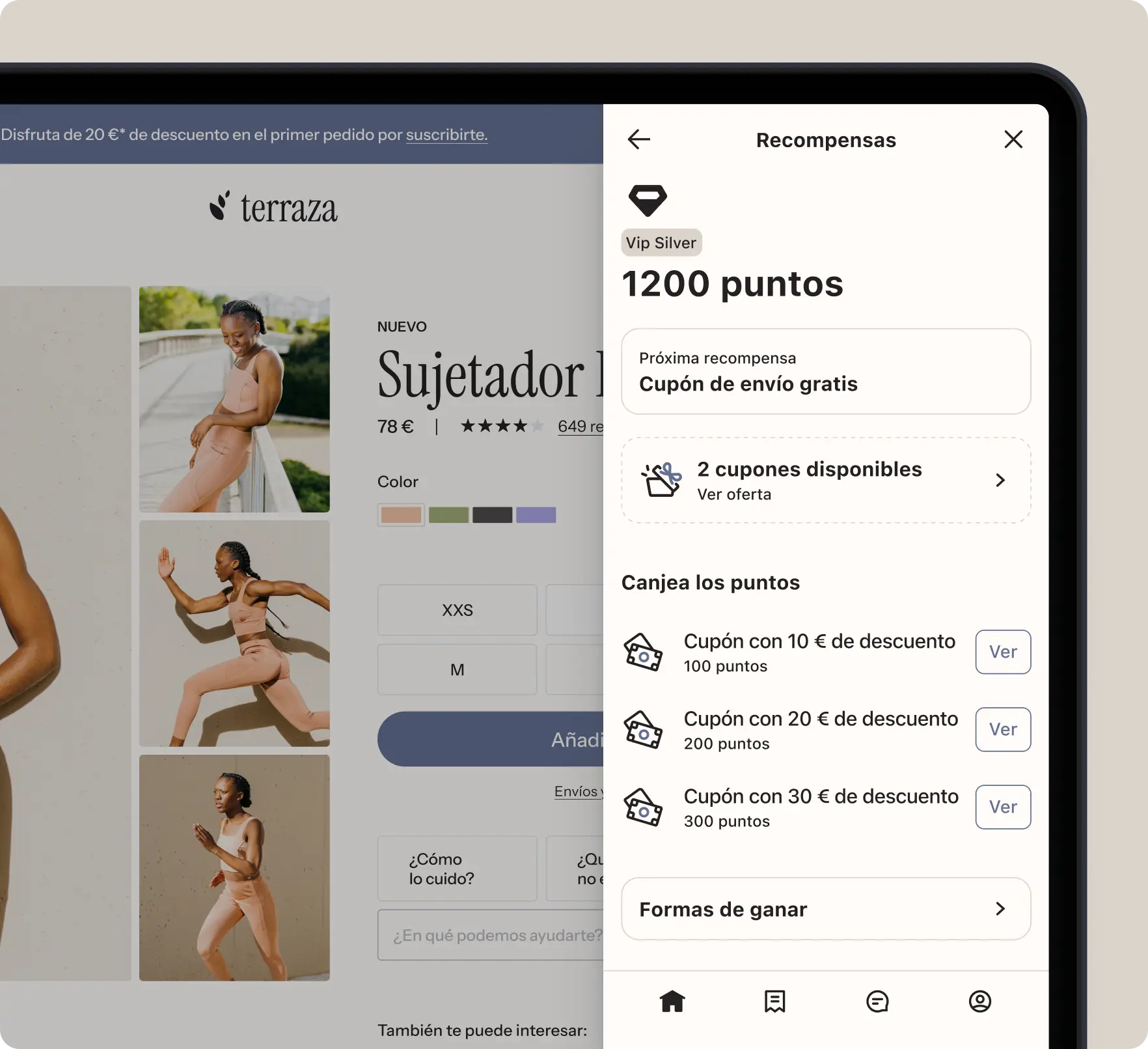 Pantalla de una tienda en línea mostrando un sujetador deportivo y un panel de recompensas con 1200 puntos y cupones disponibles.