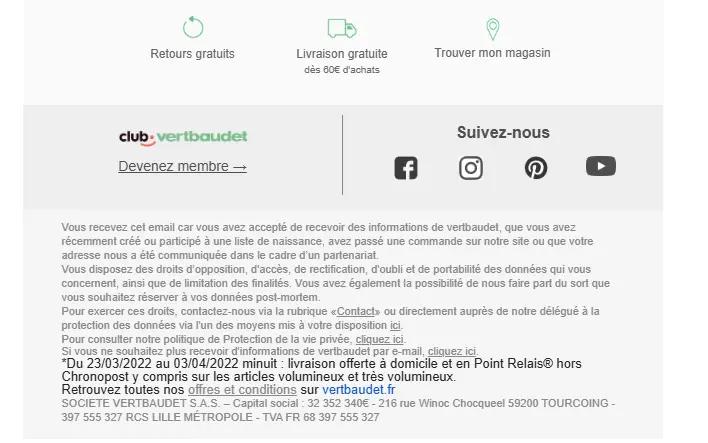 Pied de page d'une newsletter avec des informations sur les retours gratuits, la livraison gratuite et la localisation des magasins. Inclut des icônes et un texte juridique sur la protection des données.
