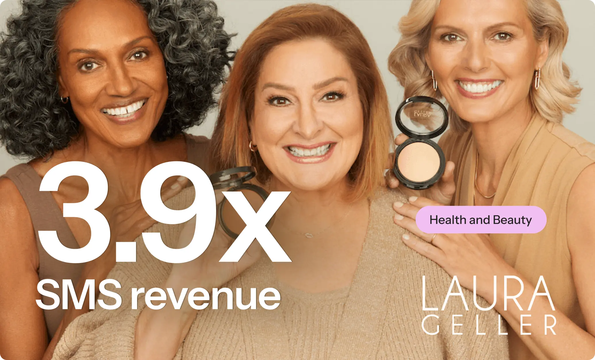 3.9x SMS revenue. Laura Geller logo. Three diverse women smiling and holding Laura Geller makeup compacts