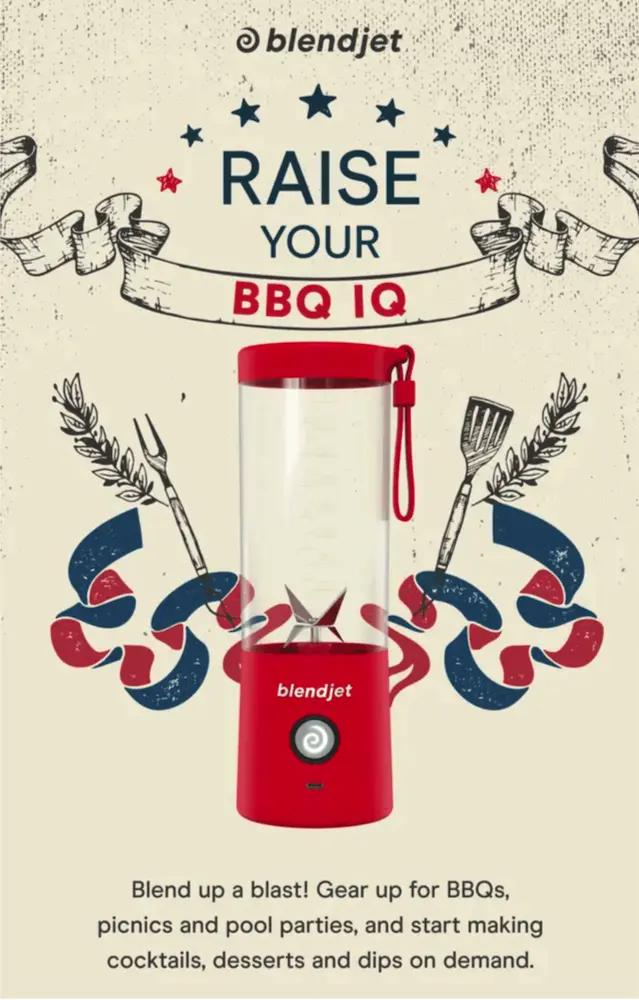Image shows a Memorial Day email from BlendJet, featuring a photo of their product in red against an illustrated backdrop of red and blue ribbon, barbeque tongs, and a spatula. The headline of the email reads “Raise your BBQ IQ” and the copy, underneath the illustration, reads, “Blend up a blast! Gear up for BBQs, picnics, and pool parties, and start making cocktails, desserts, and dips on demand.”
