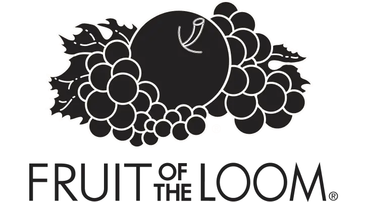 Fruit of the Loom logo featuring a cluster of fruit, including grapes and an apple, in charcoal color.