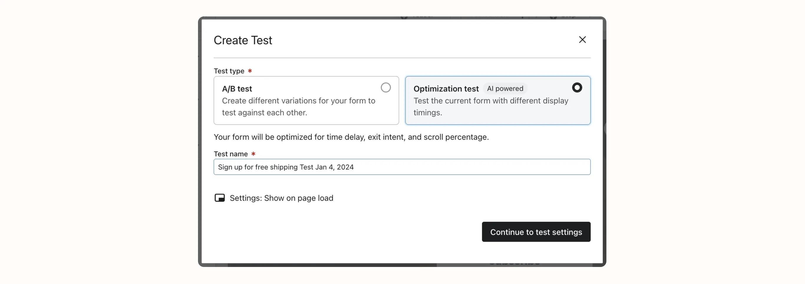 Dialogfeld zur Erstellung eines Tests mit Optionen für A/B-Test und Optimierungstest. Testname: "Sign up for free shipping Test Jan 4, 2024".