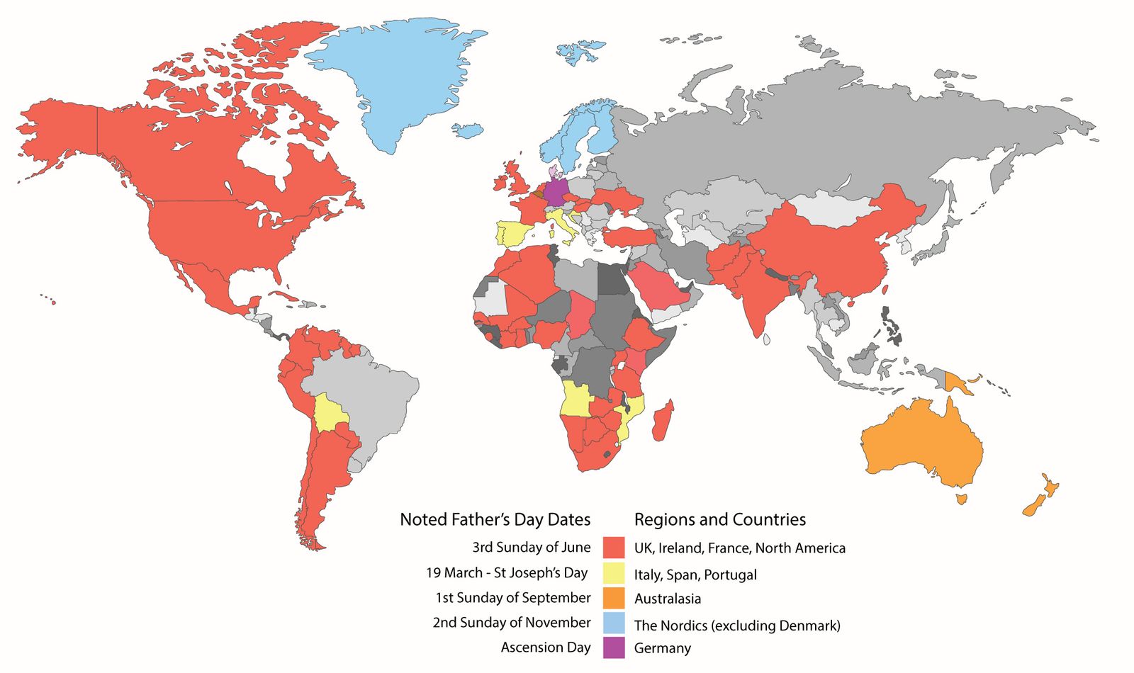 Map of the world showing different dates for Father's Day - colour-coded as follows:
Red = Third Sunday in June (e.g. UK and USA)
Yellow = 19 March, St Joseph's Day (e.g Italy, Spain and Portugal)
Orange = First Sunday of September (e.g. Australia and New Zealand)
Blue = 2nd Sunday of November (Nordics except Denmark)
Purple = Vater's Day (Germany - which is on Ascension Day)