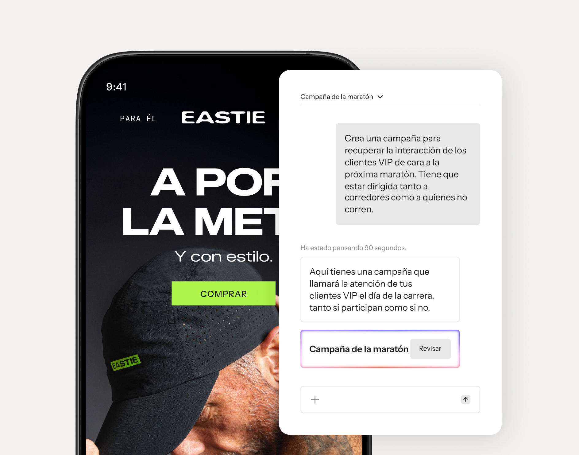Smartphone displaying Eastie e-commerce, partially covered by an AI chat generating a marathon campaign description in Spanish.