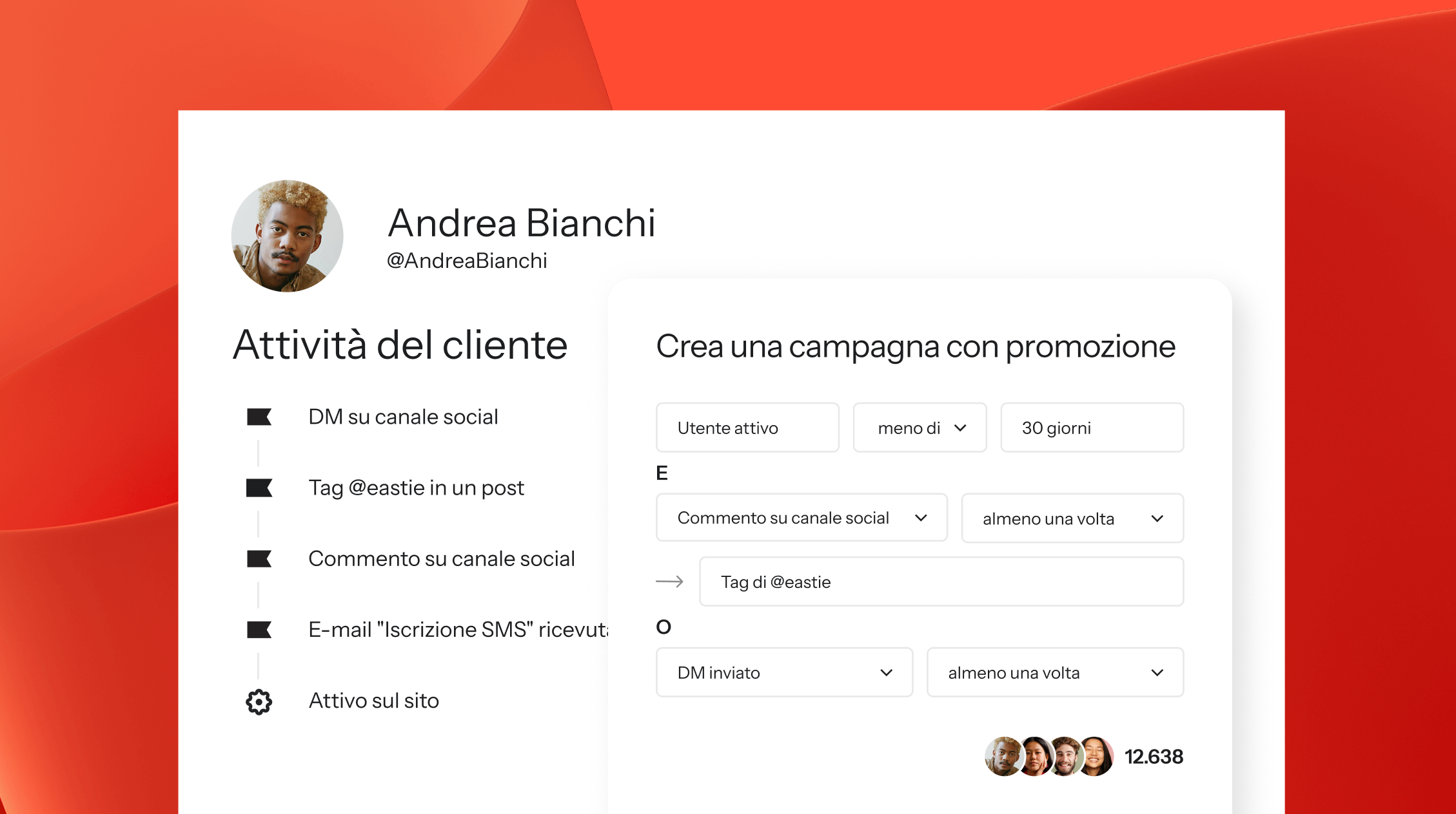 A software interface in Italian displaying a customer profile with activity logs and a form to create promotional campaigns.
