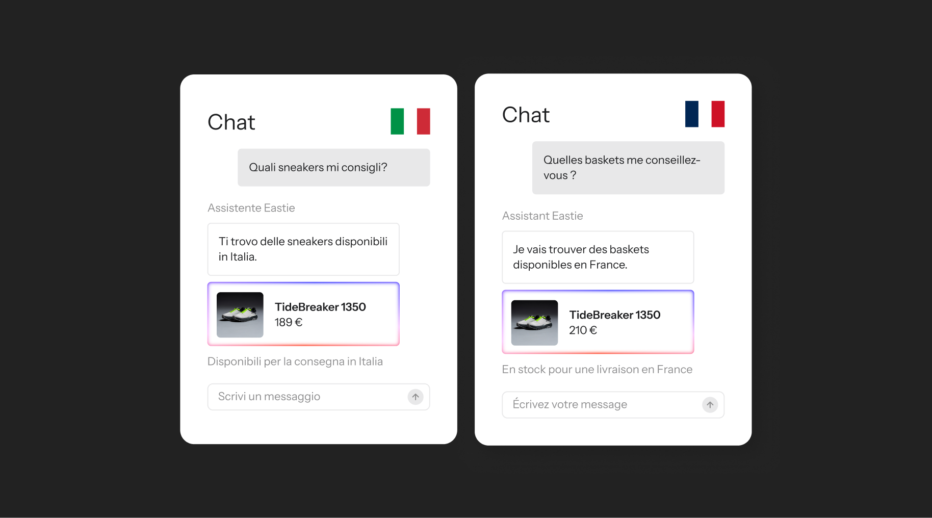 Two chat windows display an AI assistant recommending "TideBreaker 1350" sneakers, with the Italian chat showing 189€ and the French chat showing 210€.