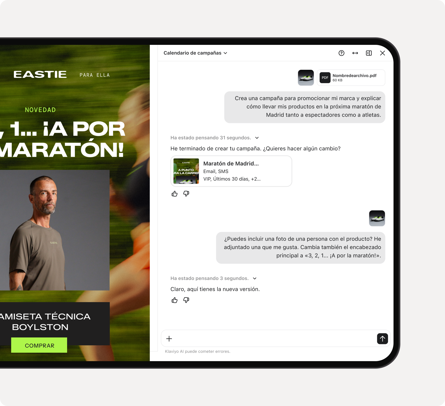 A laptop screen displays an e-commerce site featuring trail running shoes and an AI assistant generating and modifying a marketing campaign.