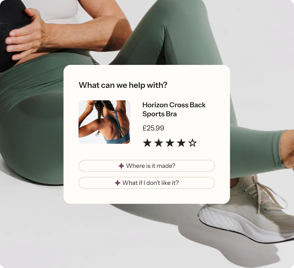 Person in green leggings holding a medicine ball. Overlay shows Horizon Cross Back Sports Bra, £25.99, 4-star rating.