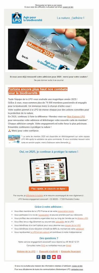 E-mail de la LPO rappelant à ses membres de renouveler leur adhésion pour 2025, avec visuel de la carte “Membre 2025”, bouton d’appel à l’action, et résumé des avantages liés à l’adhésion.
