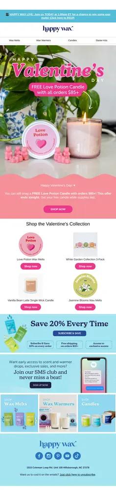 Happy Wax Valentine's Day promotion featuring a Love Potion candle and wax melts. Includes product images and discount offers.