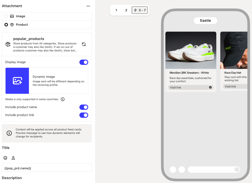 Product attachment settings interface with a mobile preview showing dynamic product cards for sneakers and a hat.