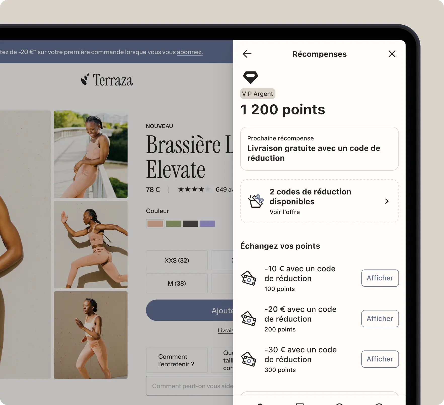 Page de produit en ligne pour un soutien-gorge "Brassière Elevate" avec options de couleur et programme de récompenses affiché.