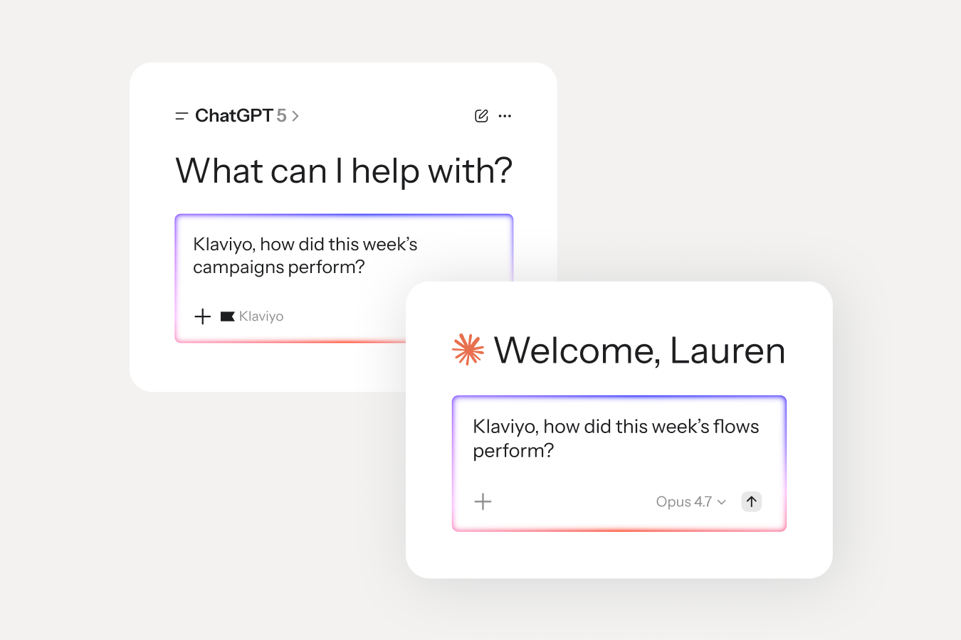 ChatGPT and Claude interfaces showing prompts asking Klaviyo about weekly campaign and flow performance.