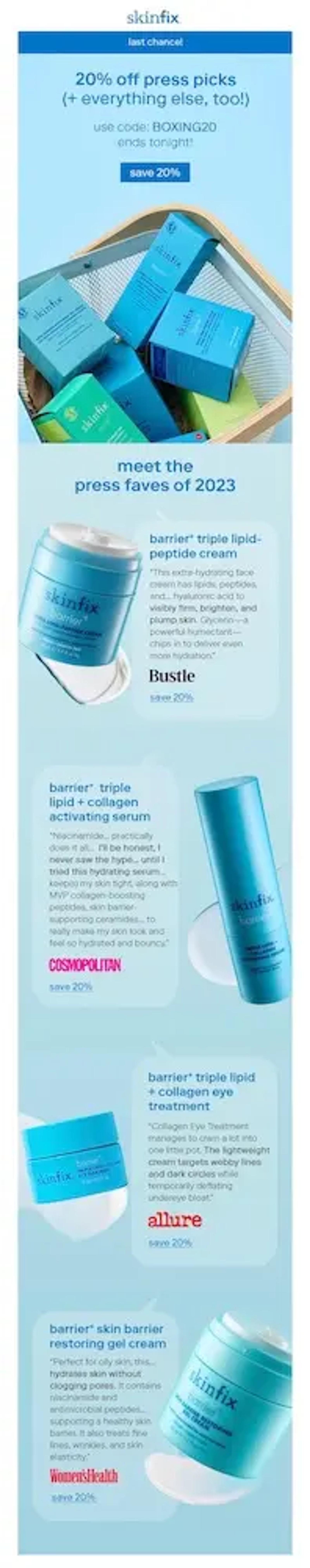 Image shows a Boxing Day marketing email from skincare brand Skinfix, which uses a soothing blue color palette to advertise “20% off press picks (+ everything else too!).” The CTA at the top of the email reads, “save 20%,” but if the reader continues scrolling, they land in a section called “meet the press faves of 2023,” which lists out several products along with images, press reviews, and links to save if they buy now.