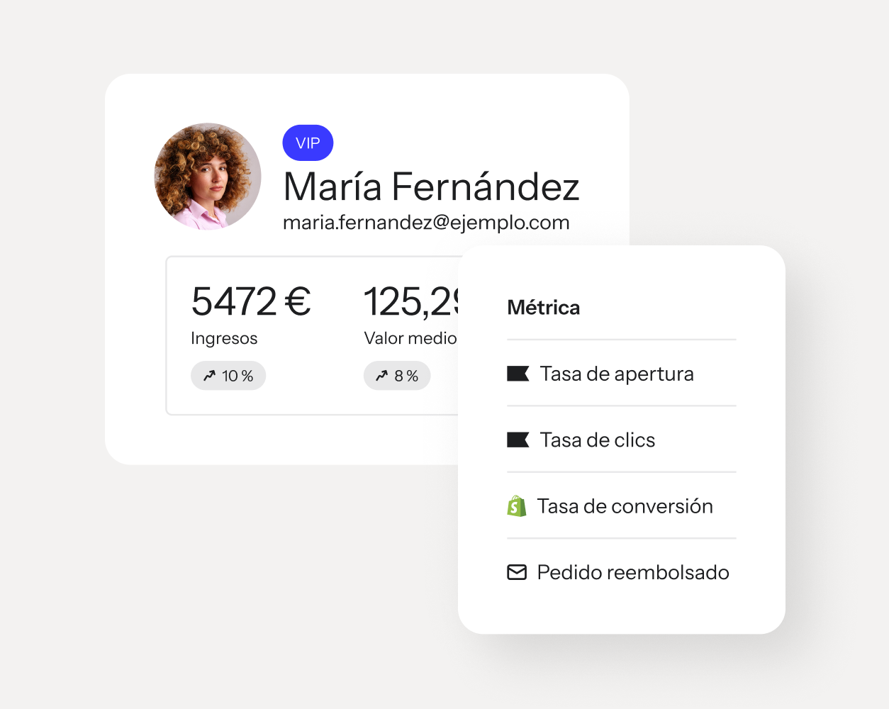 Panel del perfil de cliente VIP que muestra ingresos, valor medio del pedido y métrica de compromiso.