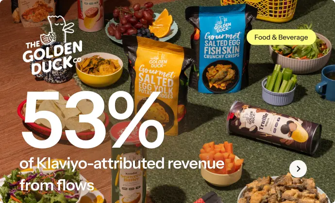 Golden Duck Co. snacks on a table with text: "53% of Klaviyo-attributed revenue from flows.