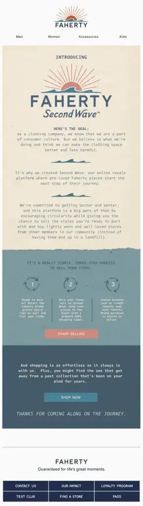 A text-heavy email marketing newsletter with a beige and blue color palette that describes Faherty’s resale program. Two CTAs read, “Start selling” and “Shop now.”