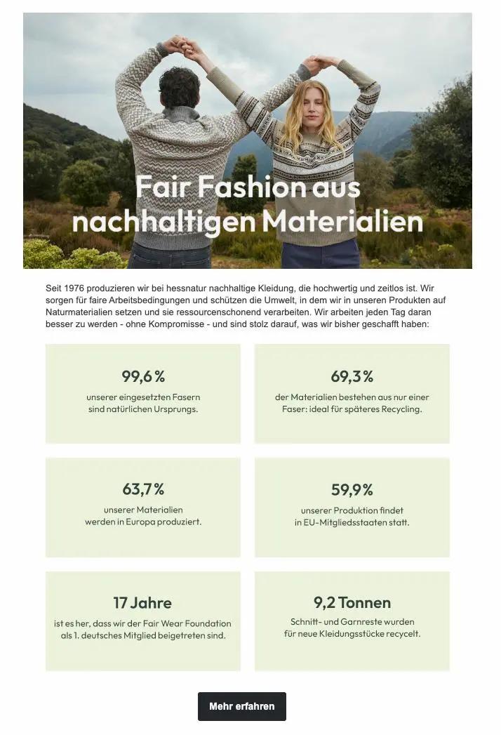 Zwei Personen in Strickpullovern halten sich an den Händen. Text: "Fair Fashion aus nachhaltigen Materialien". Statistiken zu nachhaltiger Produktion.
