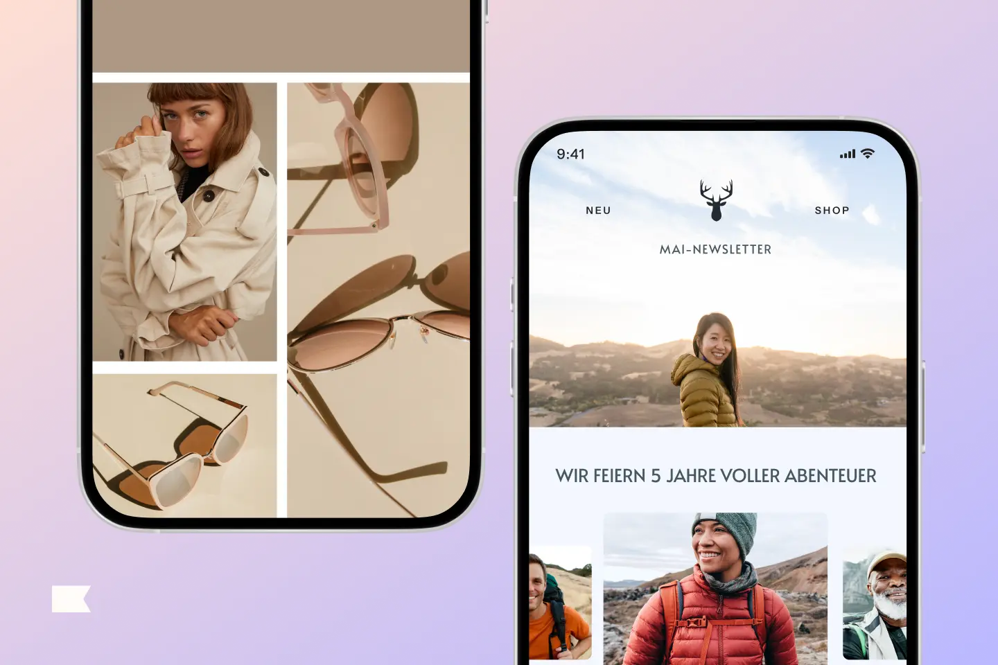Zwei Smartphone-Bildschirme: links eine Frau in einem Trenchcoat und Sonnenbrillen, rechts ein Newsletter mit Outdoor-Fotos.