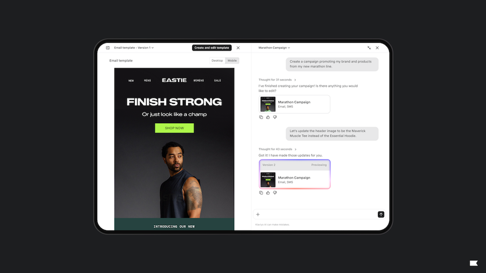 A screen displaying an email template for "EASTIE" on the left and an AI chat interface on the right, used for creating and editing the email campaign.