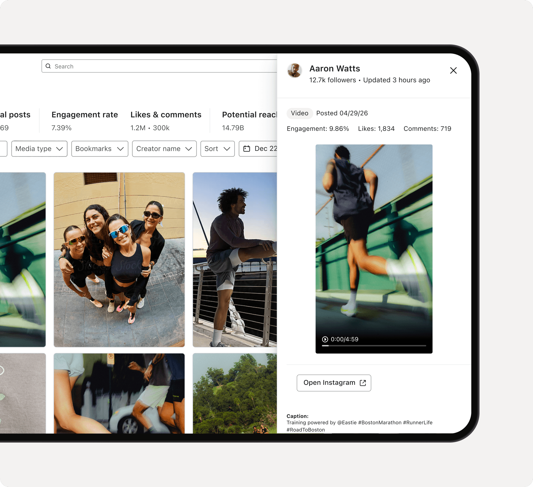 A social media analytics dashboard displaying a runner's video post, engagement metrics, and a grid of fitness-related images.