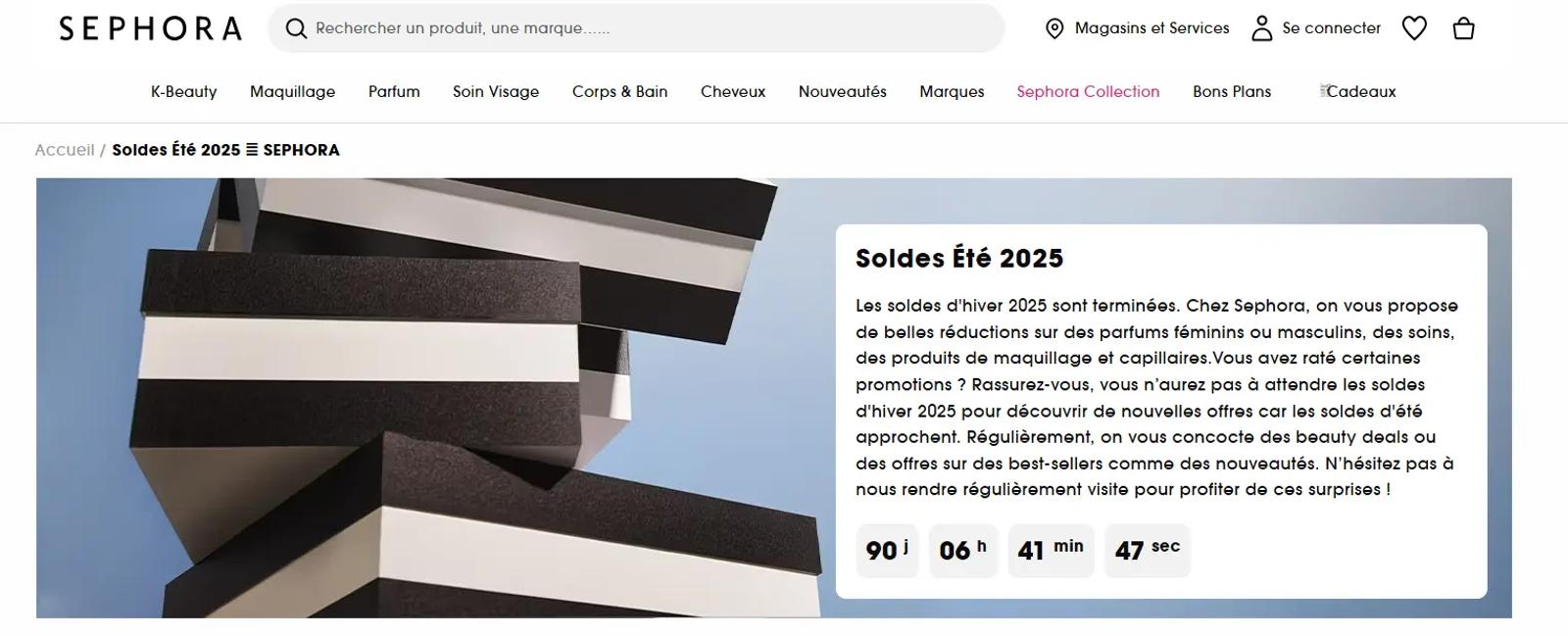 page Soldes Sephora affichant un compte à rebours avant les soldes d’hiver 2026, accompagnée d’un message introductif et de mises en avant produits.