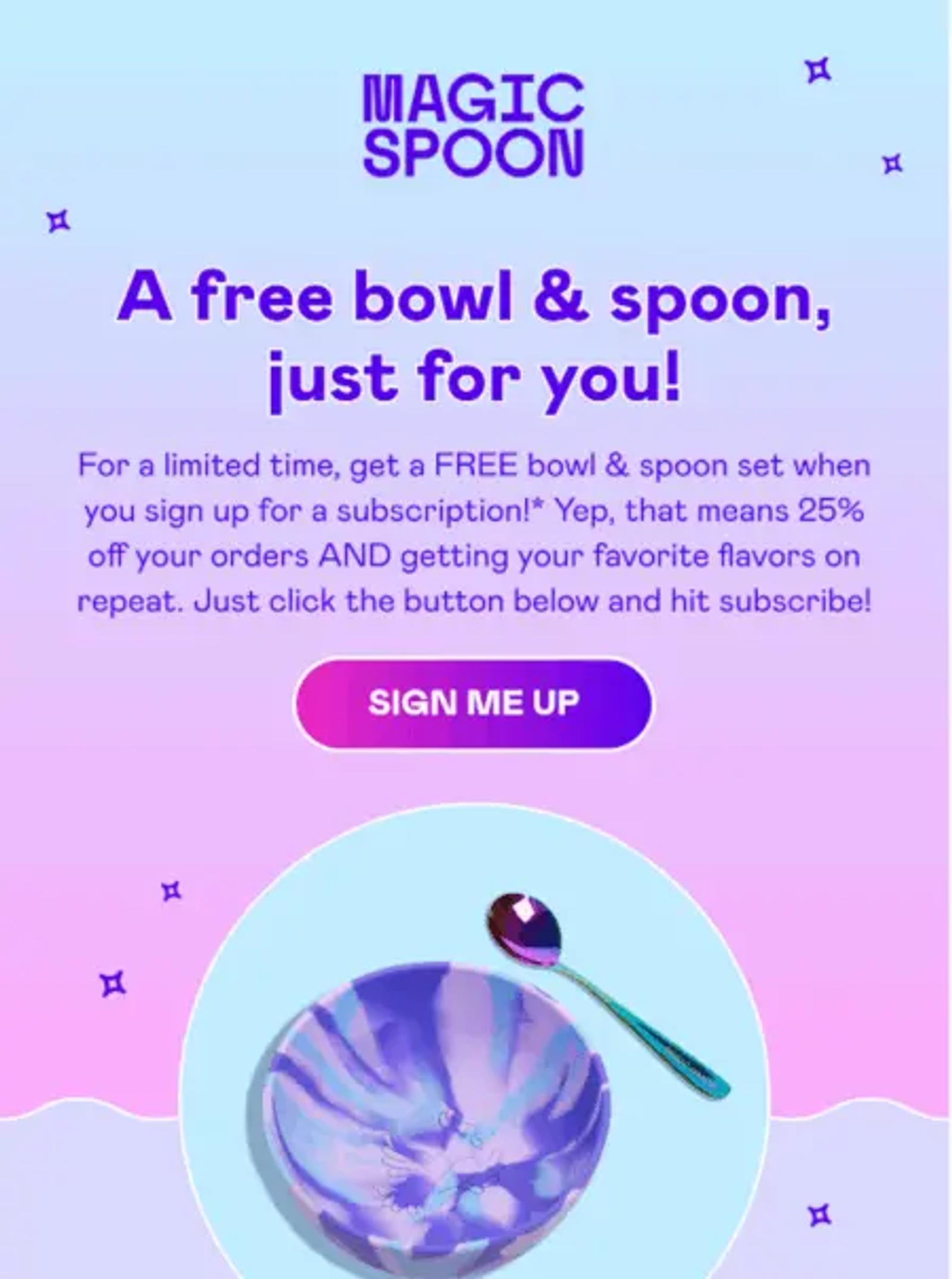 Magic Spoon promotion offering a free bowl and spoon with subscription. Includes a 'Sign Me Up' button.