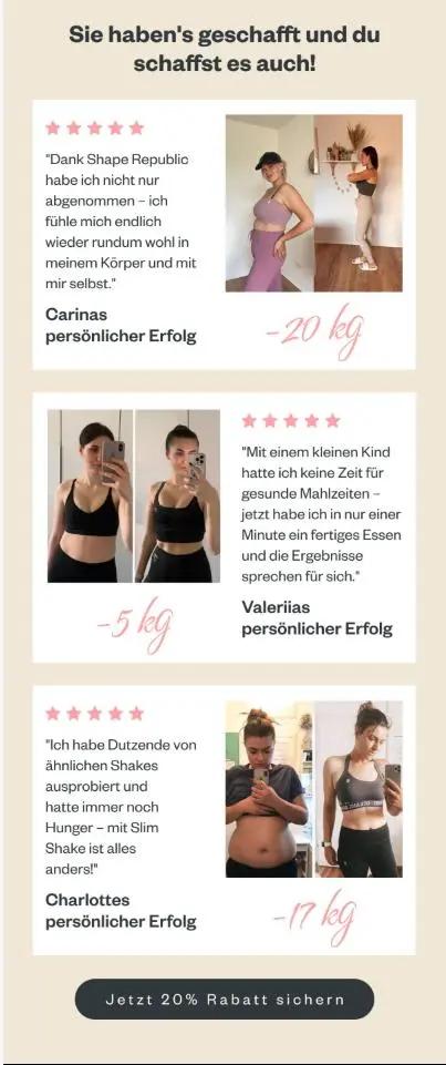 Drei Vorher-Nachher-Bilder von Frauen mit Erfahrungsberichten zu Gewichtsverlust, jeweils mit abgenommenen Kilogramm.