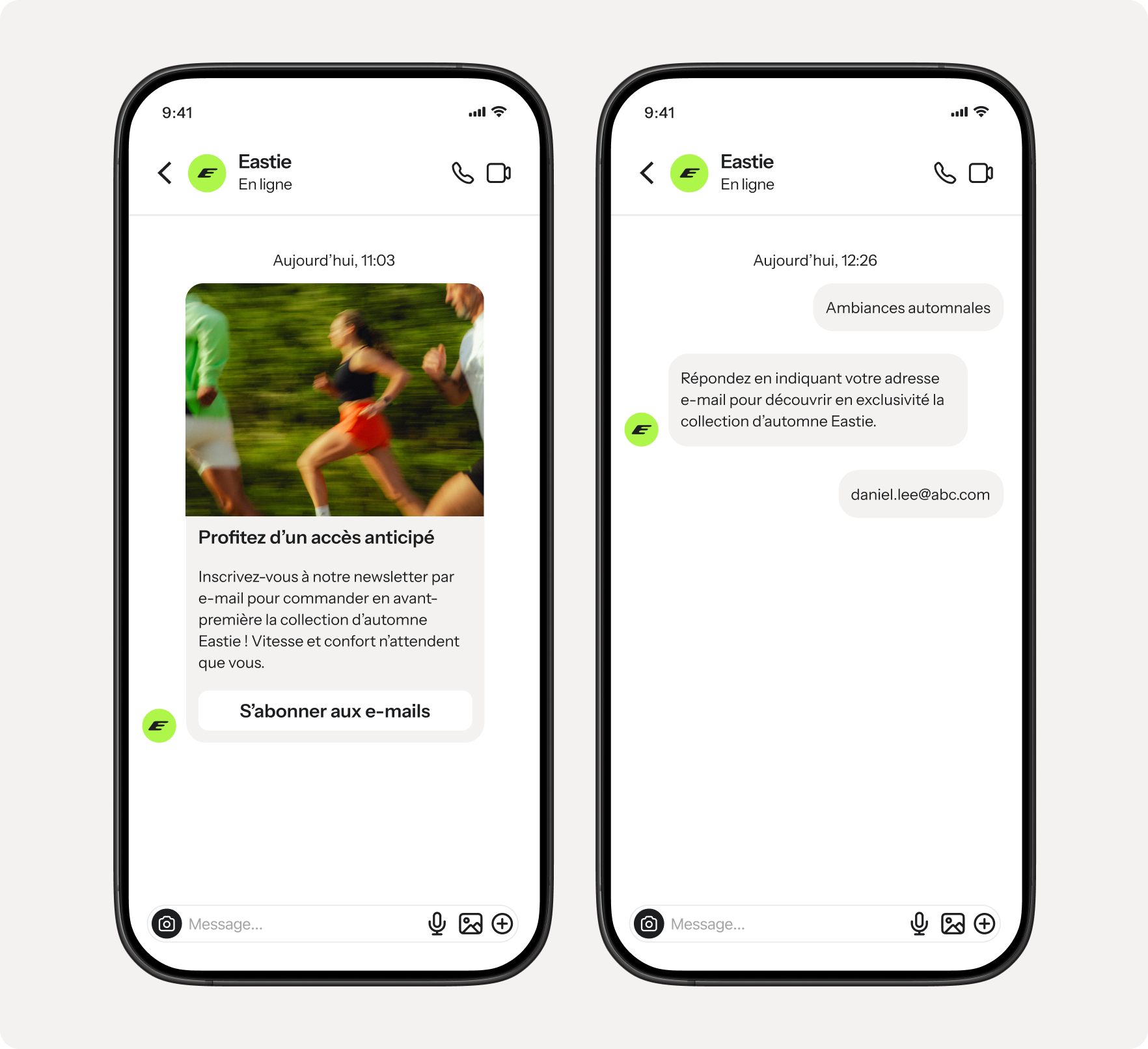 Two smartphones display an Eastie messaging conversation, showing an ad for early access to its autumn collection featuring runners, and a user's email reply.