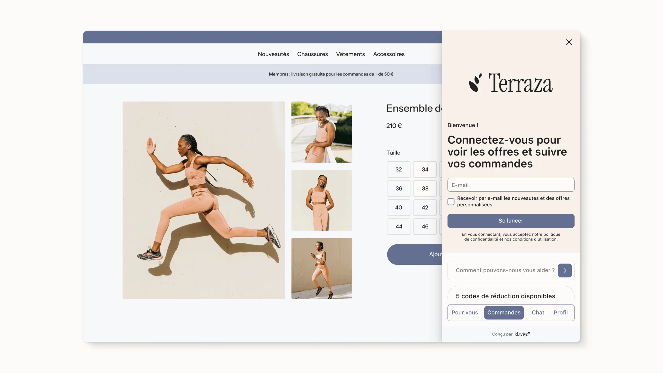 Volet du Customer Hub affichant les commandes en cours de livraison, les codes de réduction, les produits recommandés, au fil d’une expérience sur une boutique Shopify.