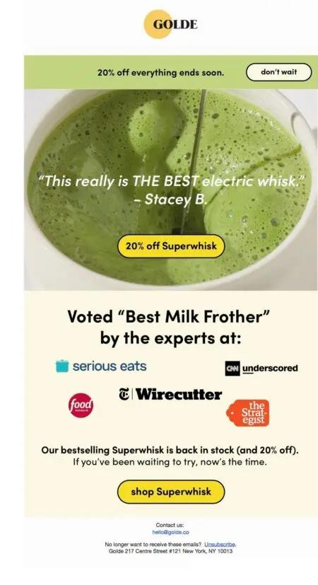 Image shows a close up of a rich green matcha latte with a metal whisk inserted inside of it, with the words, “This is really THE BEST electric whisk” overlaid on top in white lettering. Underneath are a set of logos from media companies that have voted Superwhisk “Best Milk Frother”.