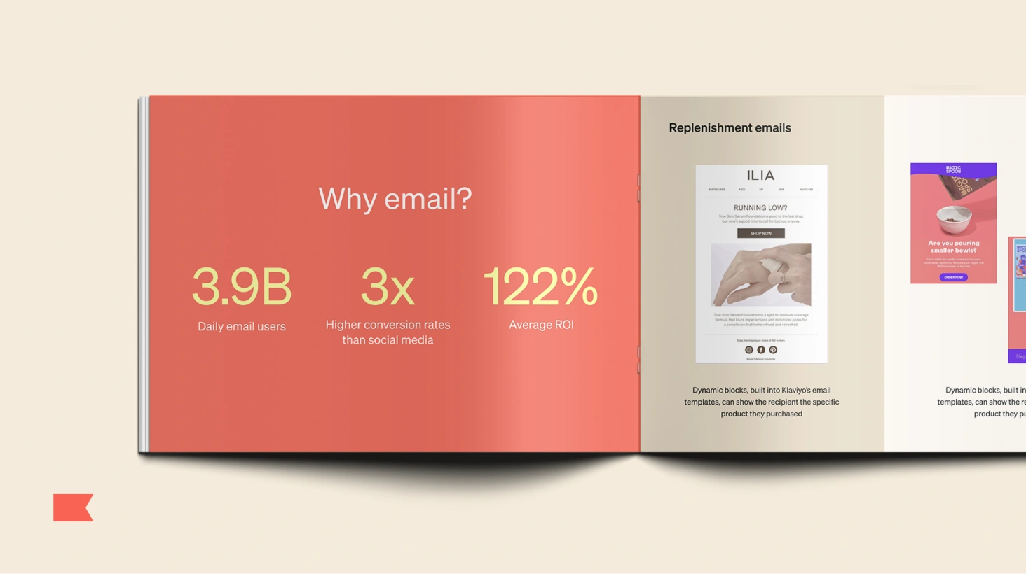 Open presentation booklet showing email marketing statistics and examples of replenishment emails.