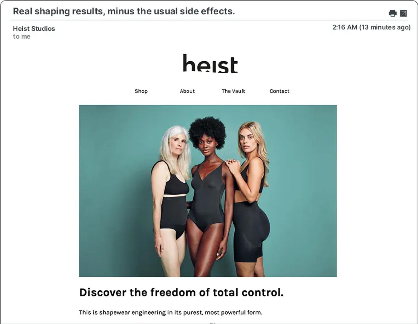 Captura de pantalla de una campaña de correo electrónico de Heist Studios.