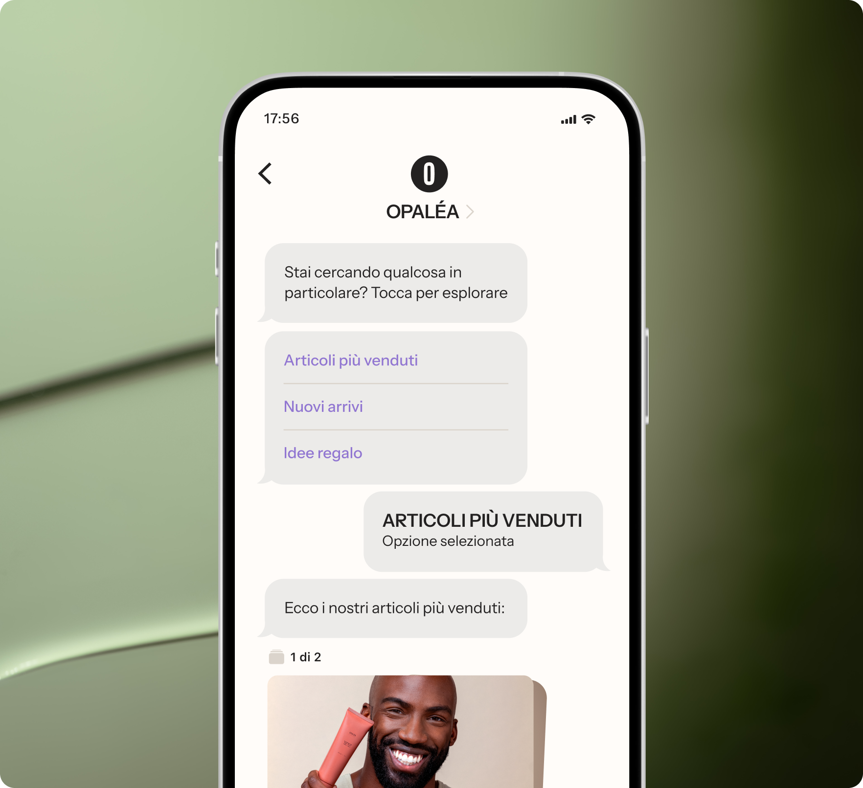 A smartphone screen displays an OPALÉA e-commerce chat in Italian, showing product categories like "Best-selling items" and a man holding a cosmetic product.