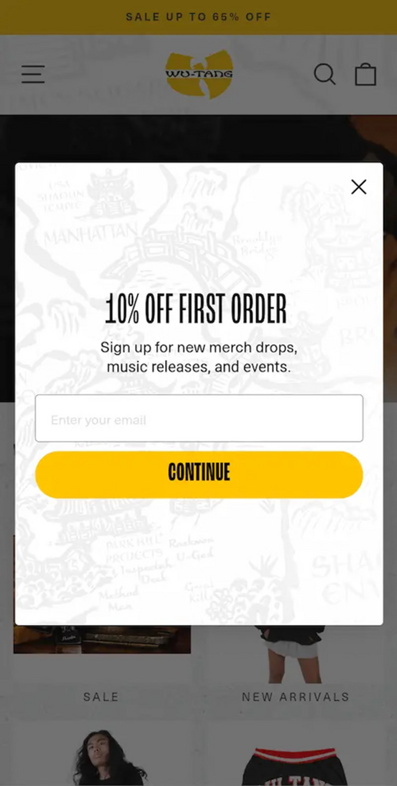 Image shows the mobile-optimized version of the pop-up form from the Wu-tang Clan’s official online shop, which cuts out the image and uses a vertical orientation instead of horizontal.
