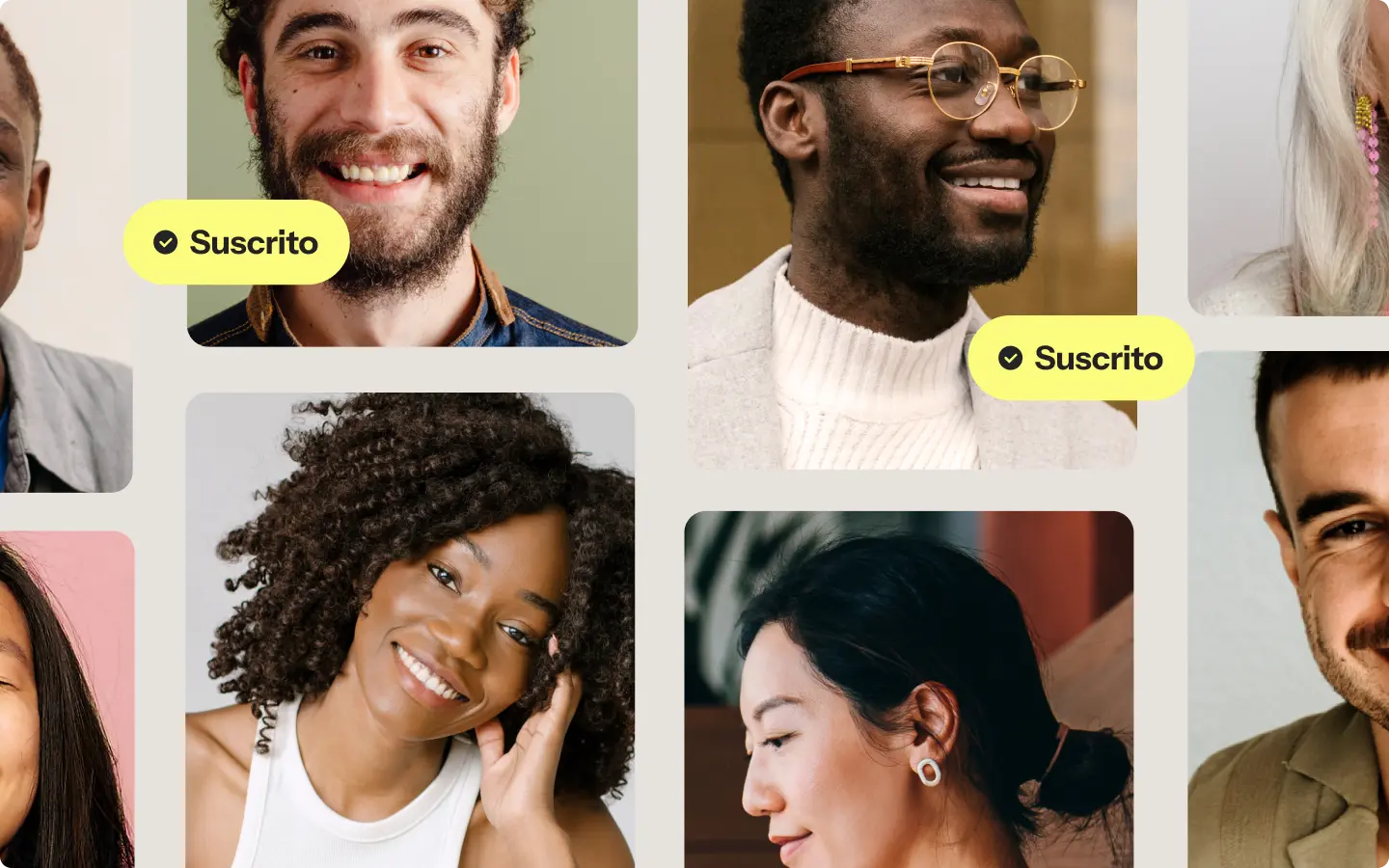 Varias personas sonrientes en un collage, con etiquetas amarillas que dicen "Suscrito".