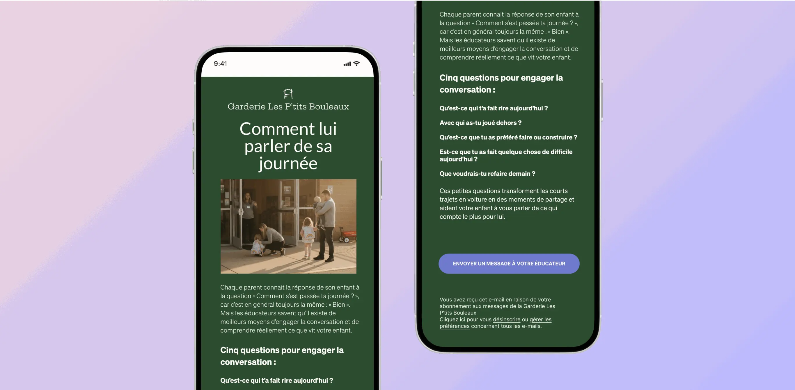 Deux écrans de smartphone affichent un guide de conversation pour parents de la Garderie Les P'tits Bouleaux.