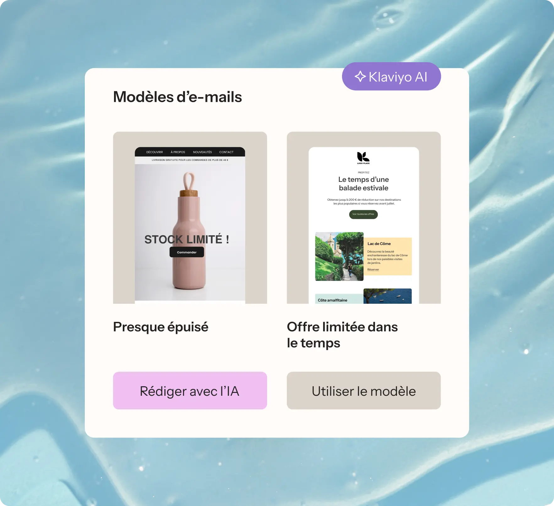 Image illustrant les fonctionnalités du modèle de marketing par e-mail alimenté par l'IA de la plateforme Klaviyo
