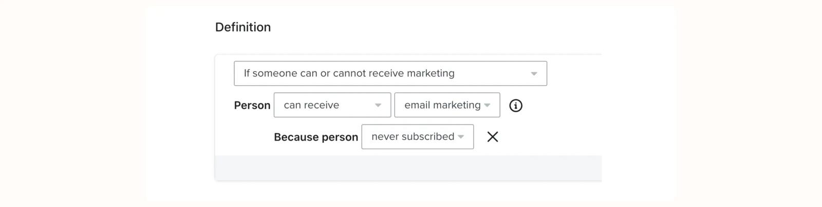 A user interface defining email marketing rules, showing a person can receive email marketing because they never subscribed.