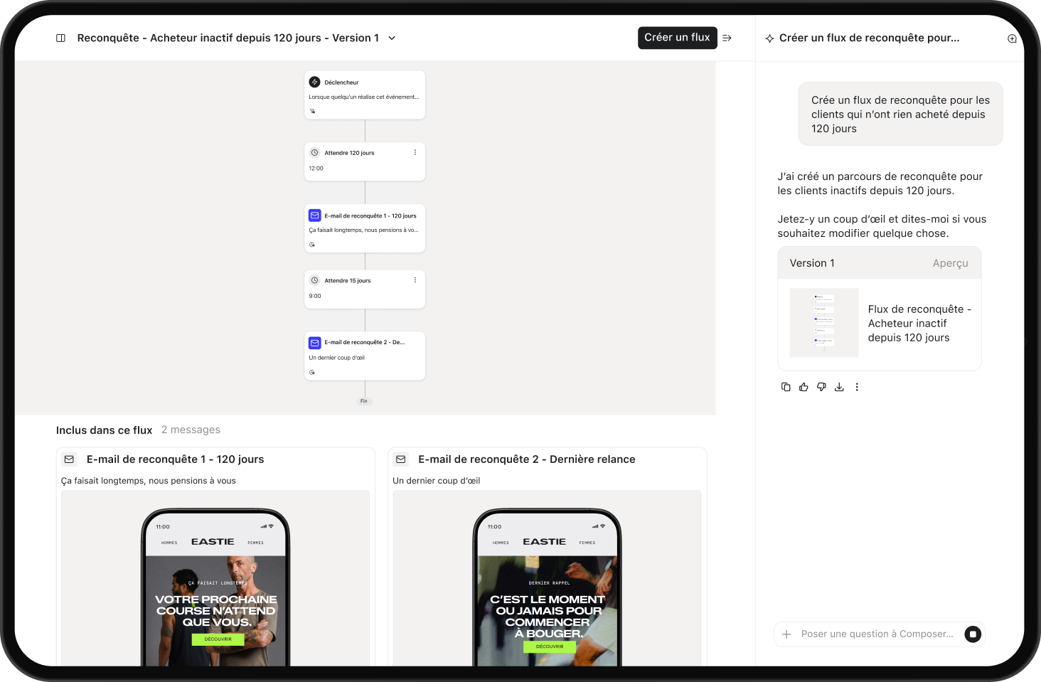 Marketing automation interface showing a 120-day customer winback flow with two email messages and an AI assistant.