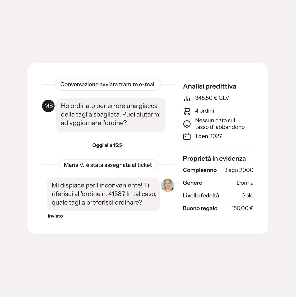 Una conversazione via chat dell'assistenza clienti sul cambio taglia di una giacca, insieme ad analisi predittiva e dettagli del cliente.
