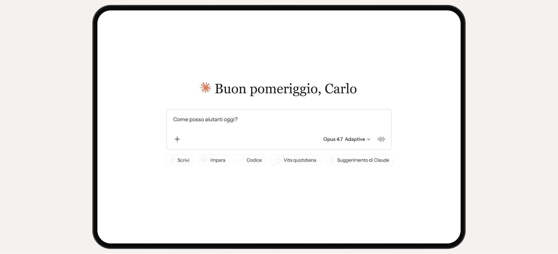 A personalized AI assistant interface with an Italian greeting, an input field, and suggested task categories.