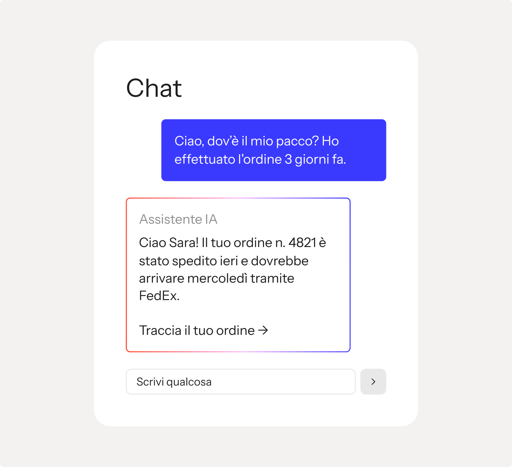 Chat interface with an AI assistant providing order shipping details.