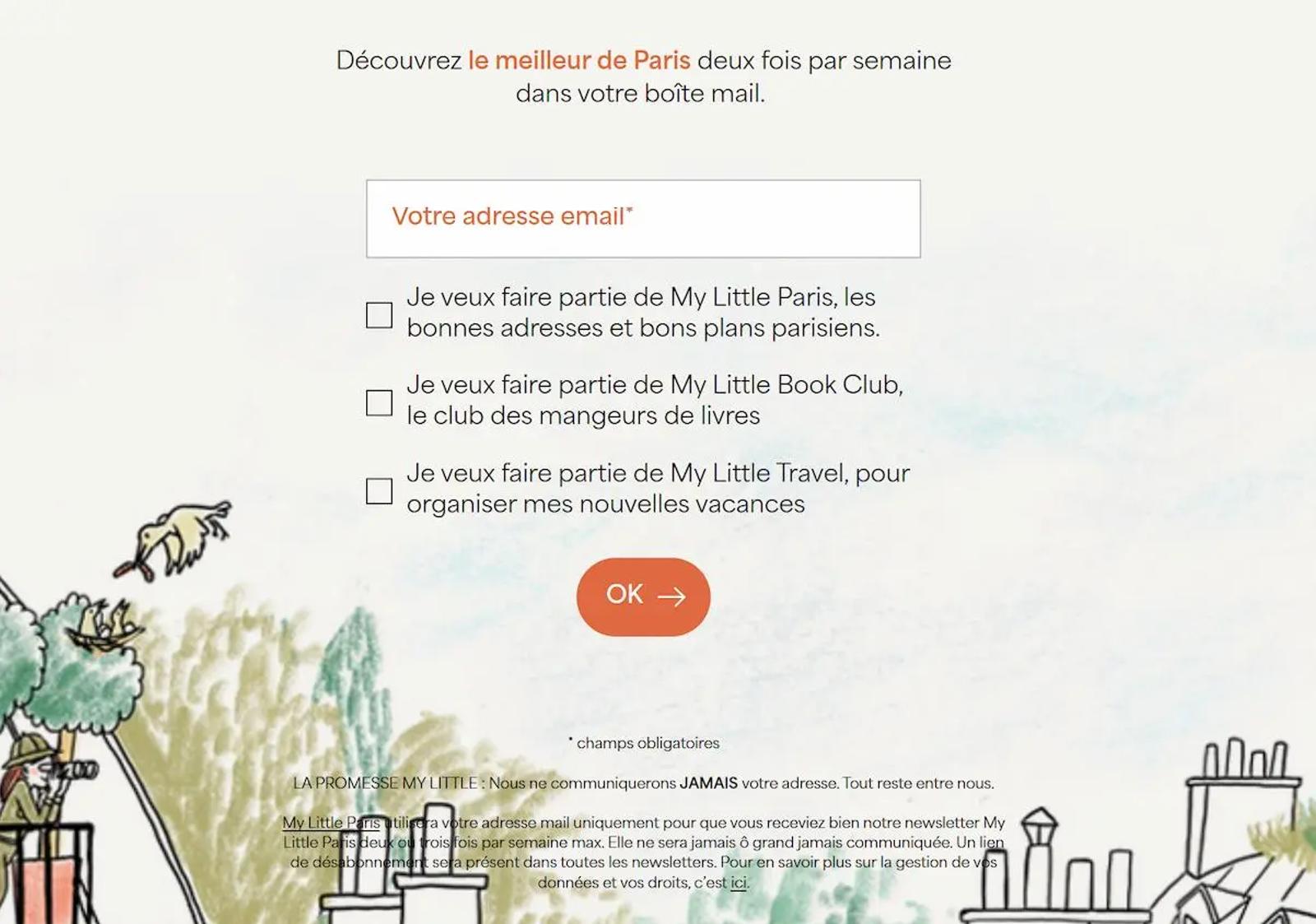 Formulaire d'inscription à la newsletter My Little Paris avec options pour Paris, Book Club, et Travel. Bouton "OK". Illustration en bas.