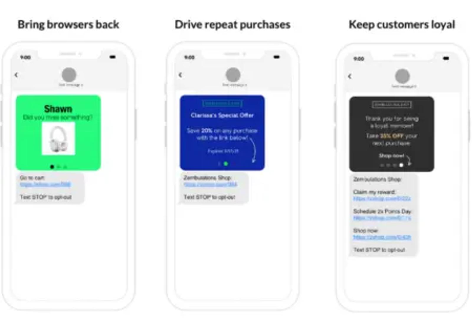Image shows a few examples of how to personalize your brand’s text messages to customers using a platform like Zembula.