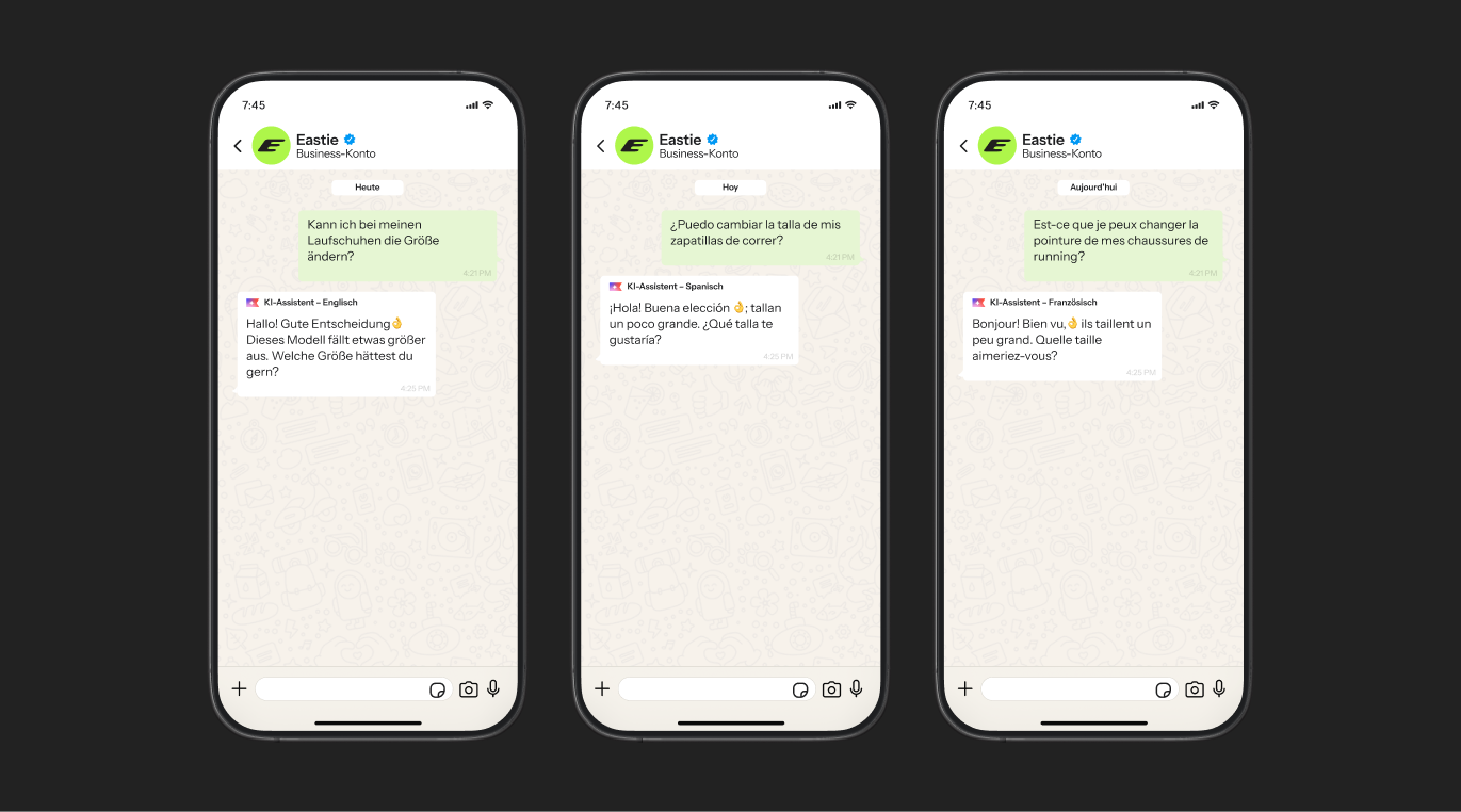 Three smartphones display Eastie AI assistant chats about changing running shoe sizes in German, Spanish, and French.
