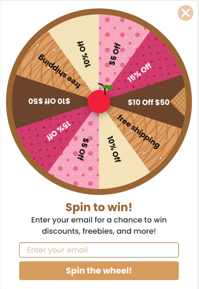 Spin to Win prize wheel offering discounts and free shipping via email signup.